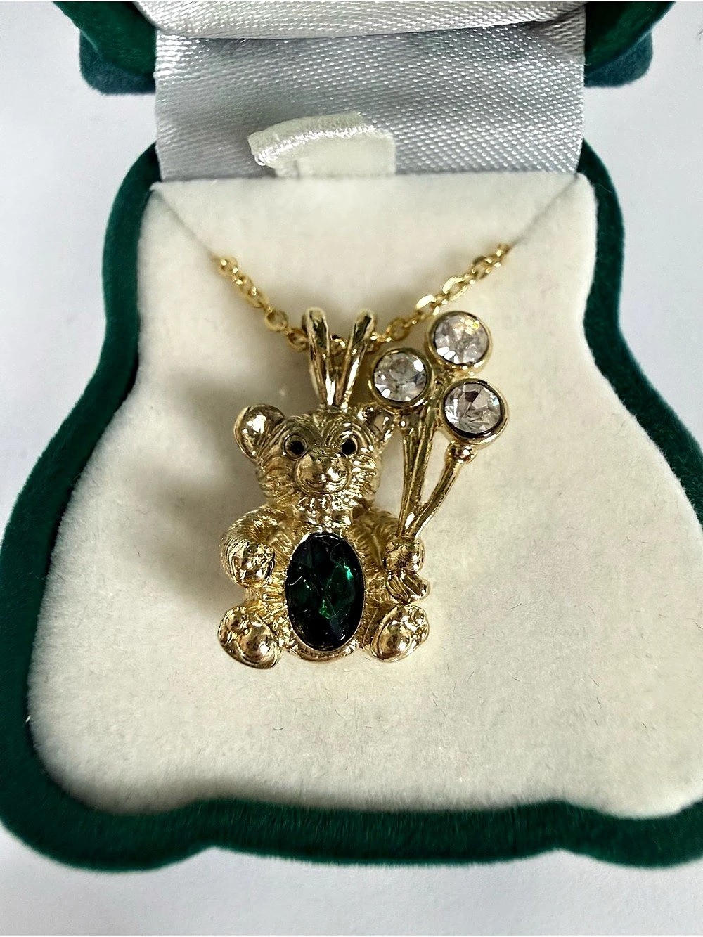 VTG Teddy Bear Birthstone Necklace Emerald Belly Gold Chain Balloons